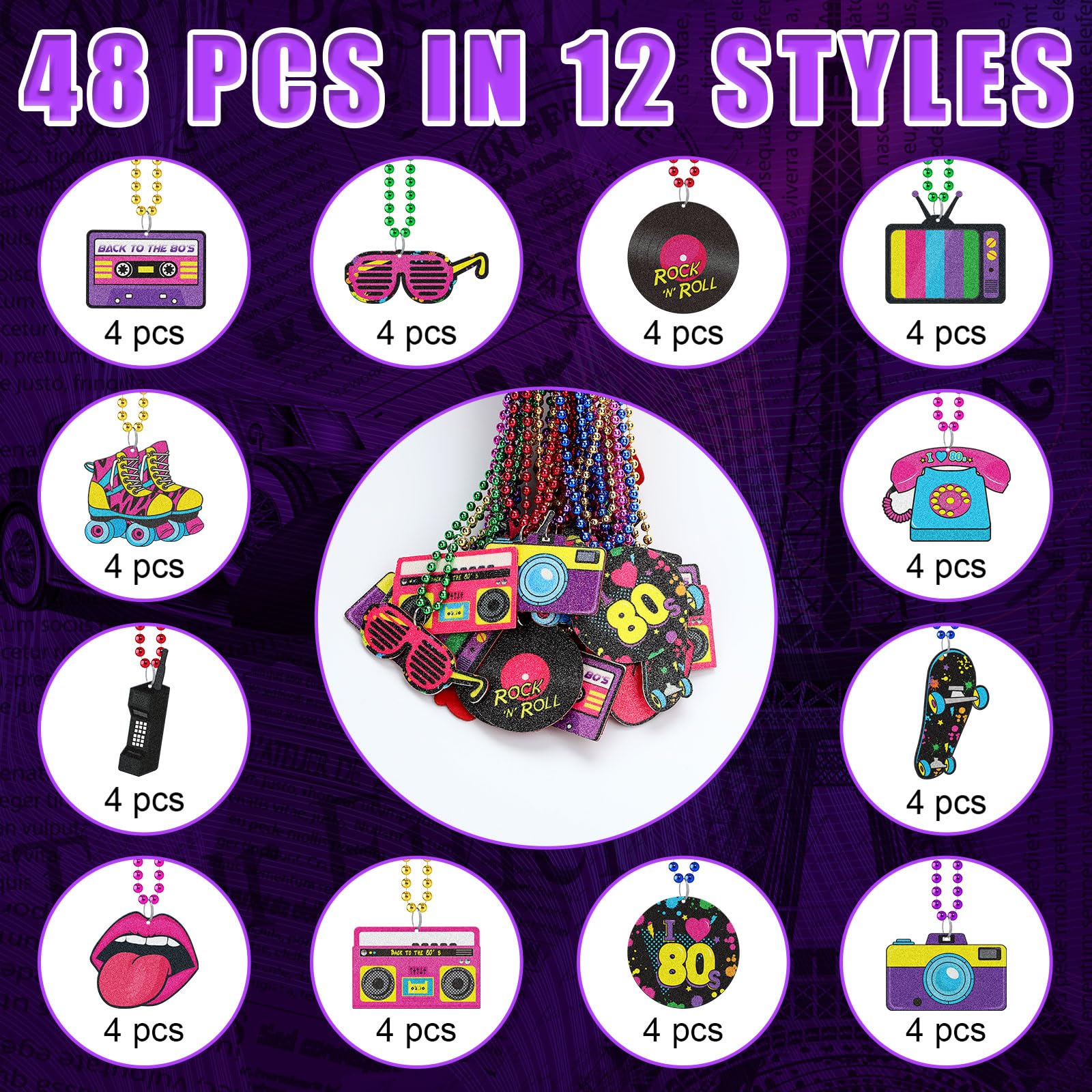 Tigeen 48 Pcs 80s Beaded Necklaces – Neon Colors, Retro Party Set, 12 Styles