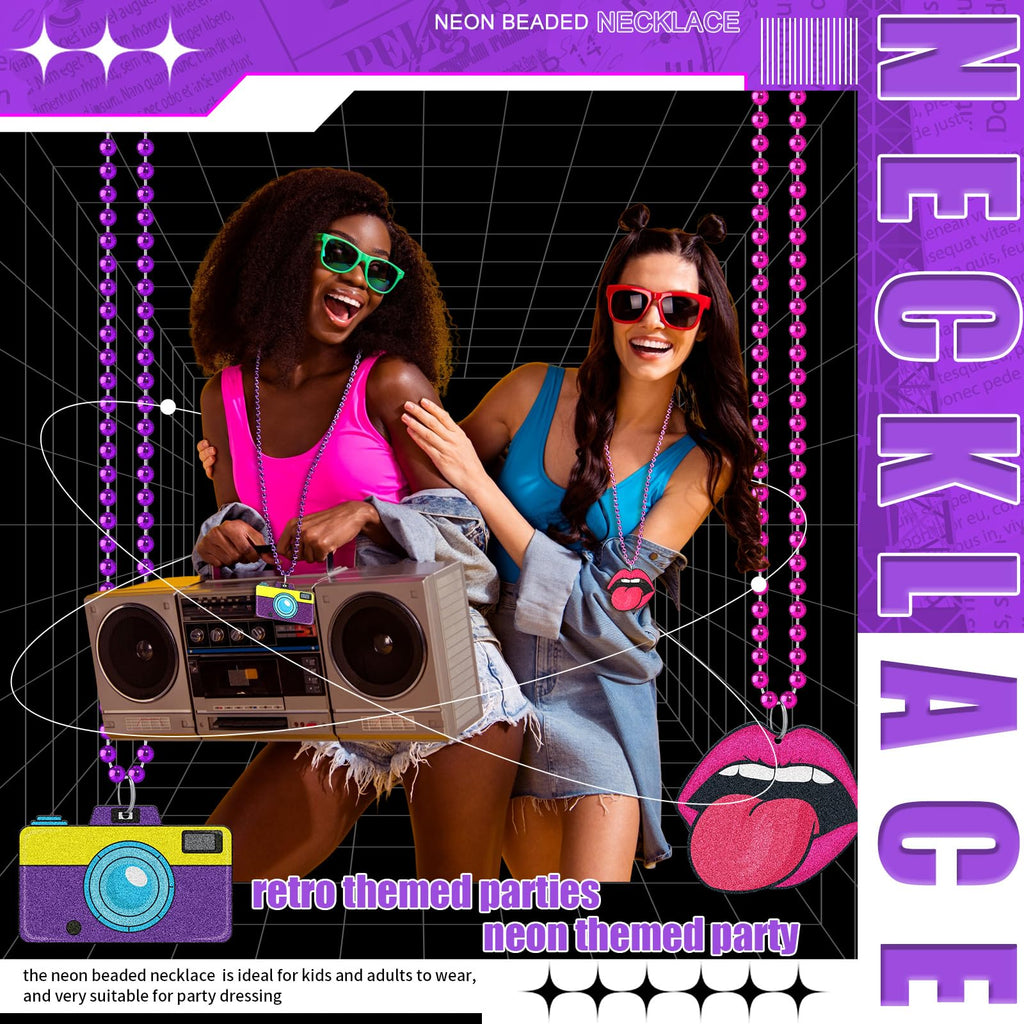 Tigeen 48 Pcs 80s Beaded Necklaces – Neon Colors, Retro Party Set, 12 Styles