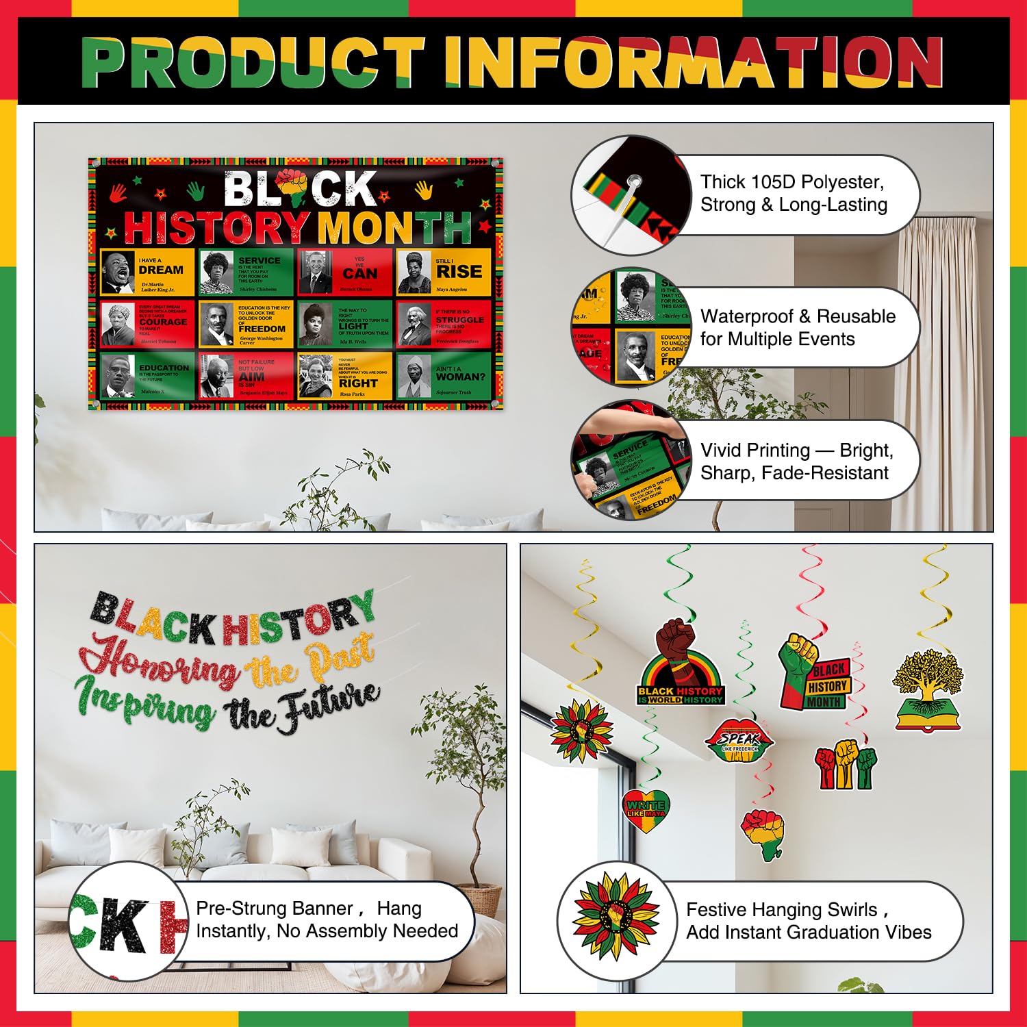 tineit Black History Month Decorations – 24Pcs Banner Set for Classrooms