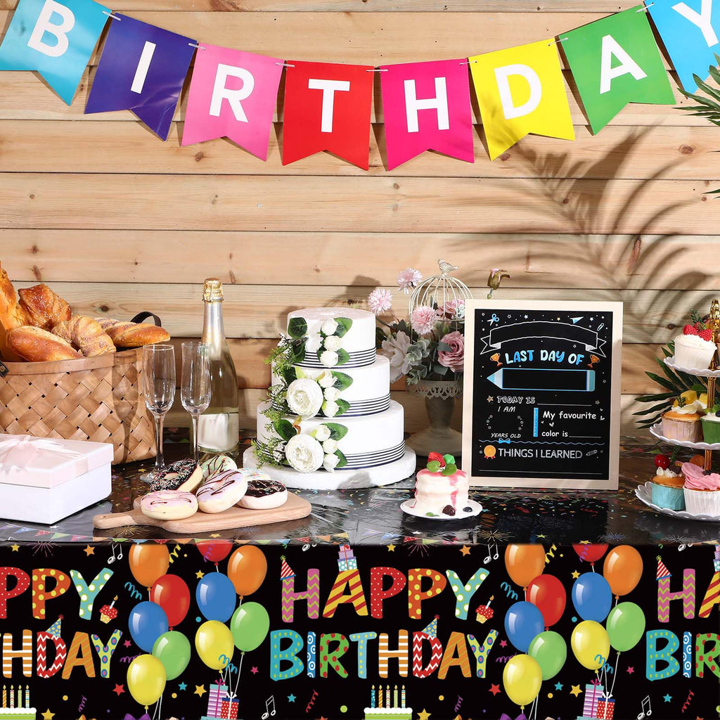 Tingjoo 4 Pcs Happy Birthday Tablecloth | 54 x 108 in Disposable Plastic Table Cover with Colorful Balloons