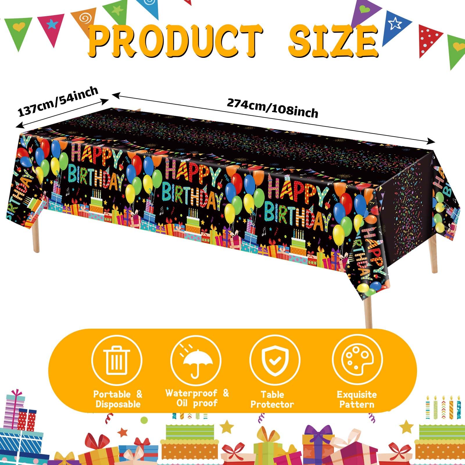 Tingjoo 4 Pcs Happy Birthday Tablecloth | 54 x 108 in Disposable Plastic Table Cover with Colorful Balloons