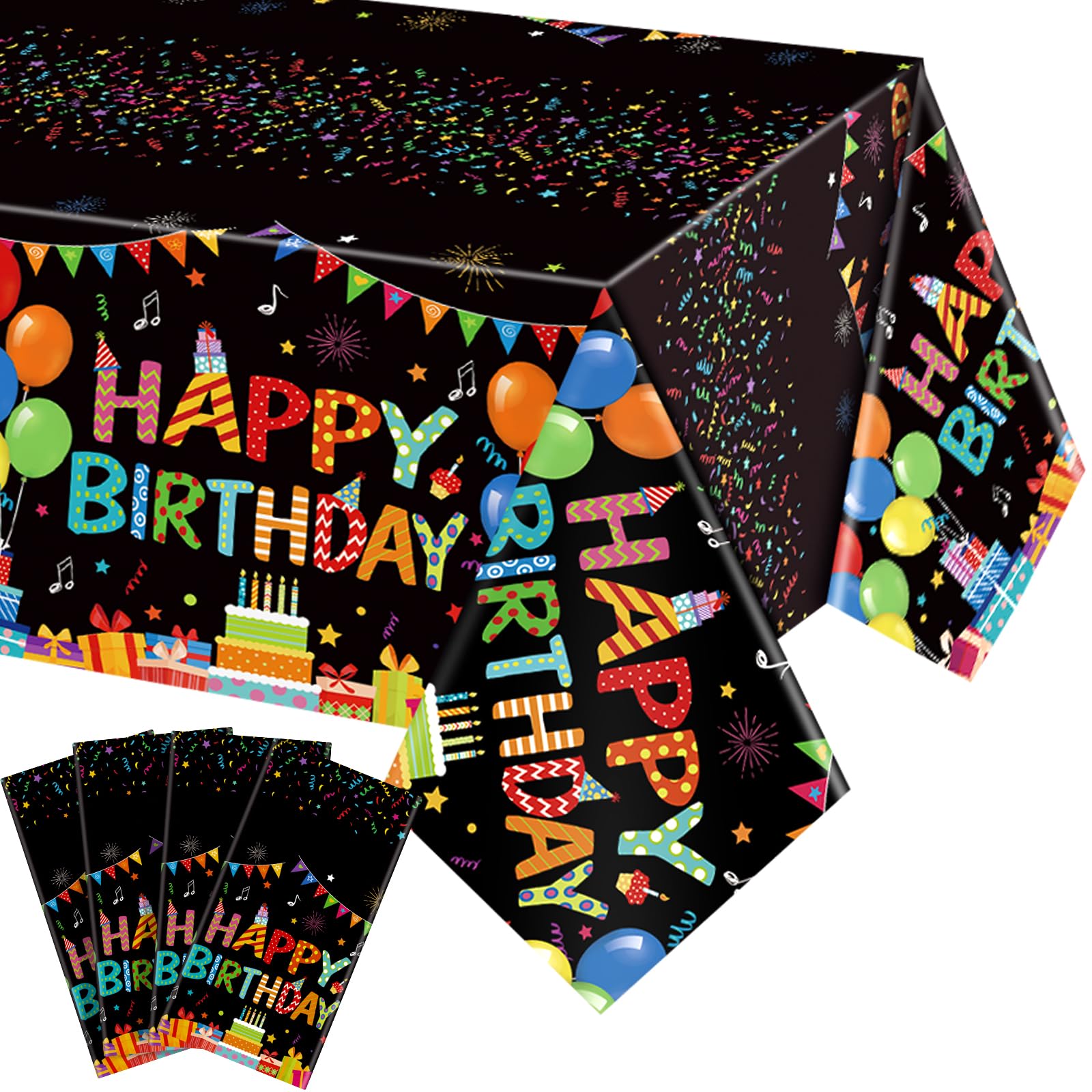 Tingjoo 4 Pcs Happy Birthday Tablecloth | 54 x 108 in Disposable Plastic Table Cover with Colorful Balloons