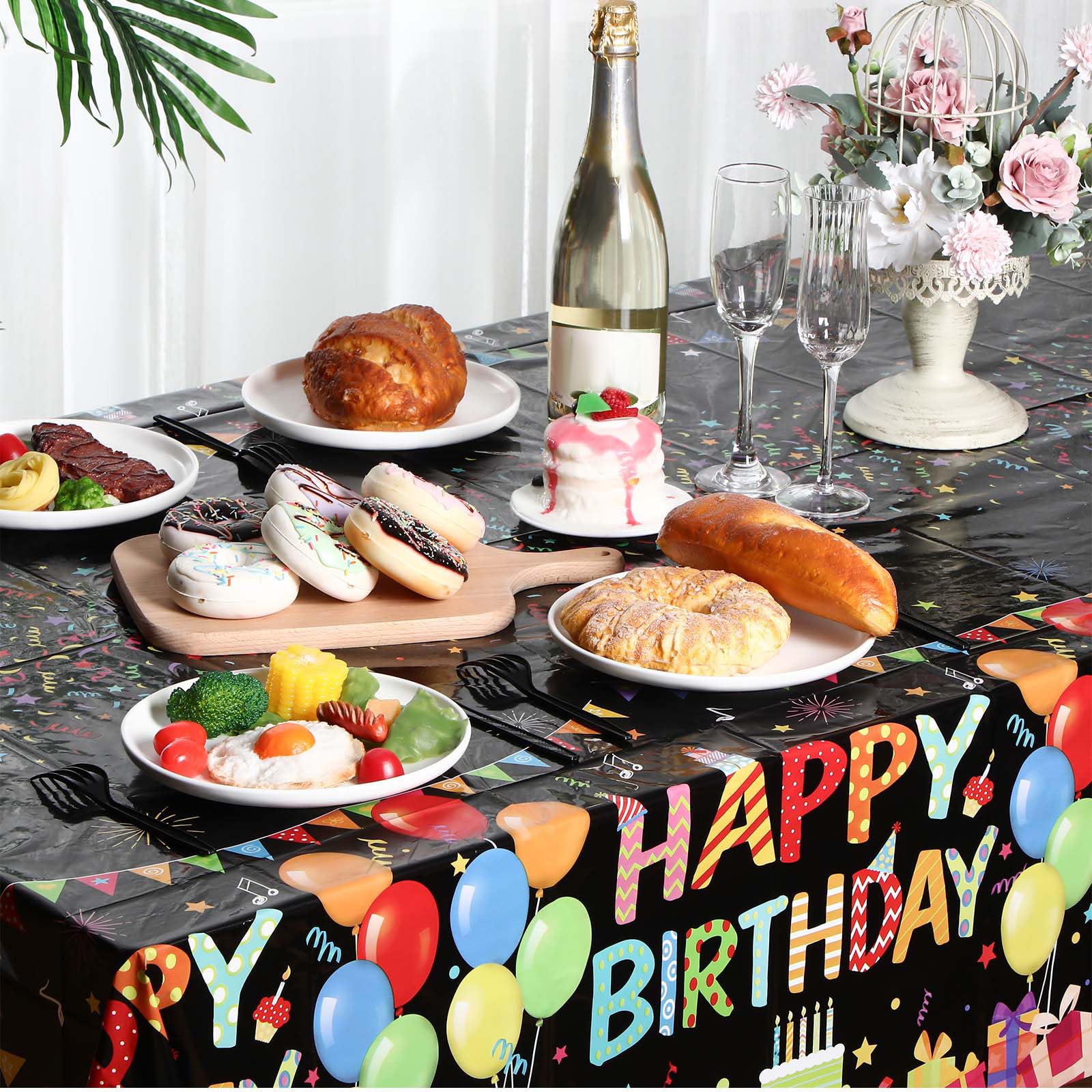 Tingjoo 4 Pcs Happy Birthday Tablecloth | 54 x 108 in Disposable Plastic Table Cover with Colorful Balloons
