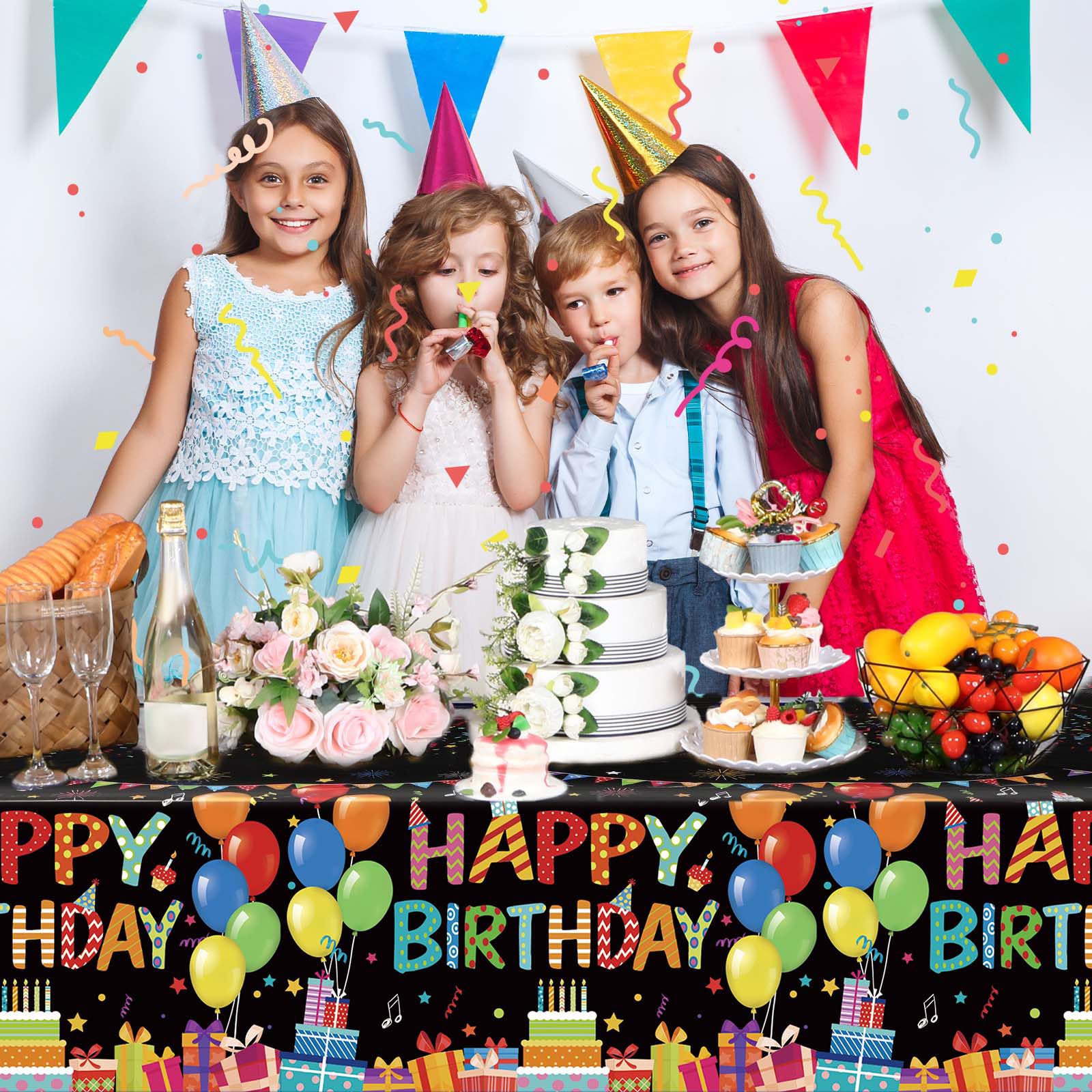 Tingjoo 4 Pcs Happy Birthday Tablecloth | 54 x 108 in Disposable Plastic Table Cover with Colorful Balloons