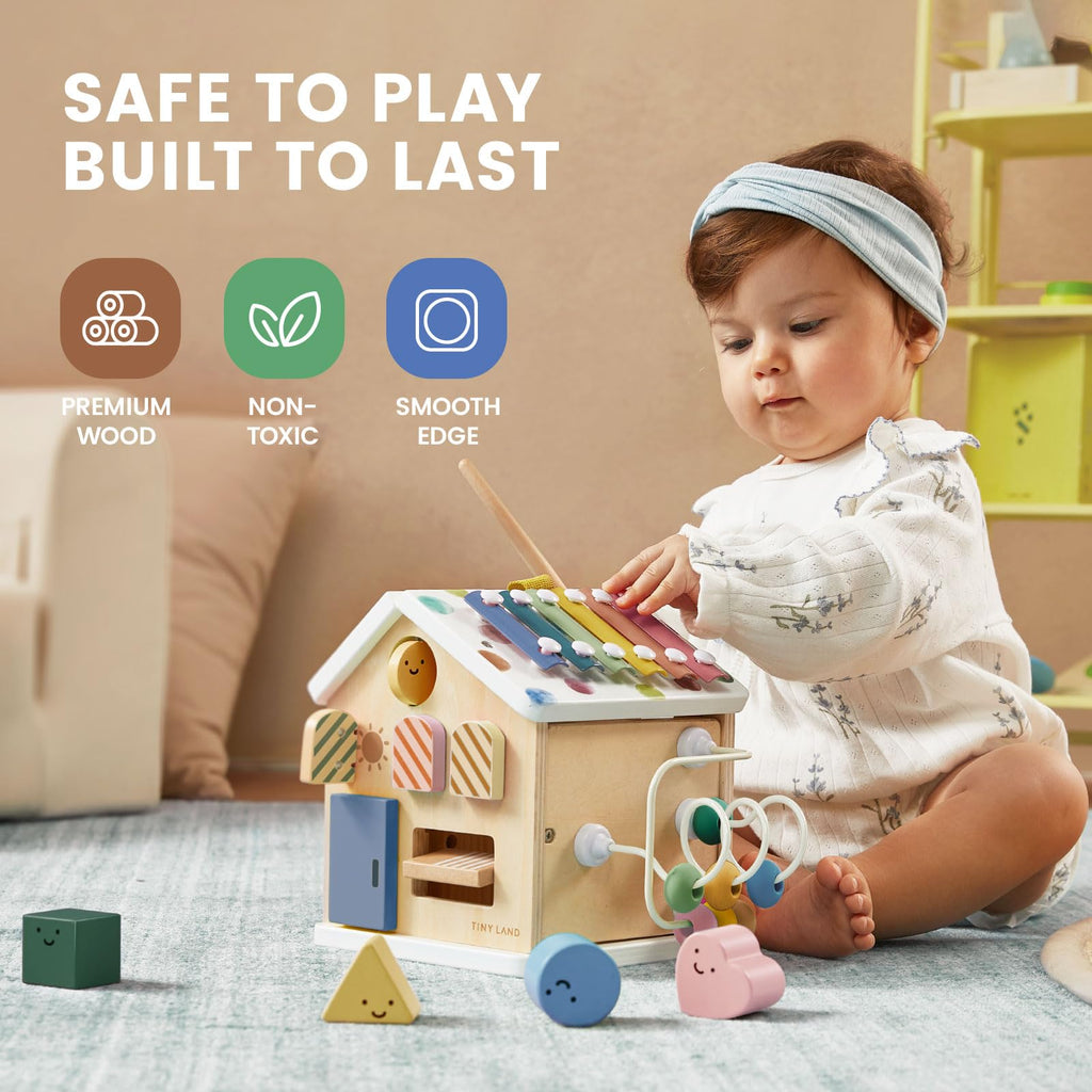Tiny Land 9-in-1 Wooden Activity Cube – Montessori Toy for Toddlers (Morandi)