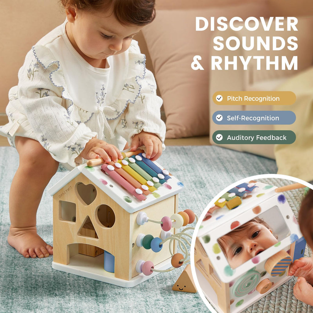 Tiny Land 9-in-1 Wooden Activity Cube – Montessori Toy for Toddlers (Morandi)