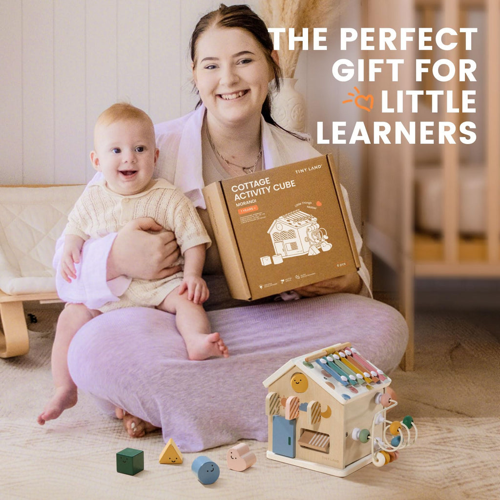 Tiny Land 9-in-1 Wooden Activity Cube – Montessori Toy for Toddlers (Morandi)