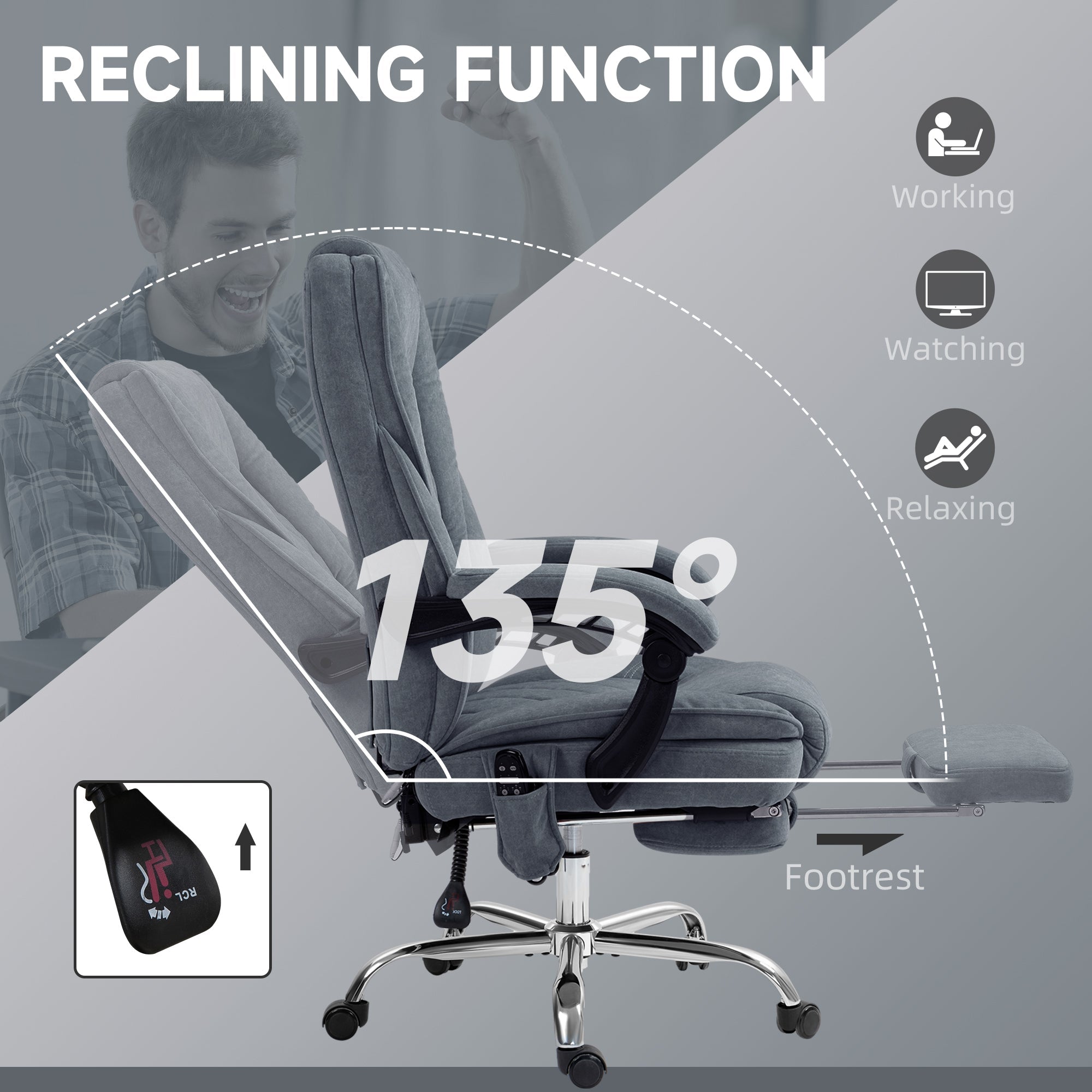 Vinsetto Massage Office Chair, Heated Reclining Computer Chair with Adjustable Height and Footrest, Dark Grey