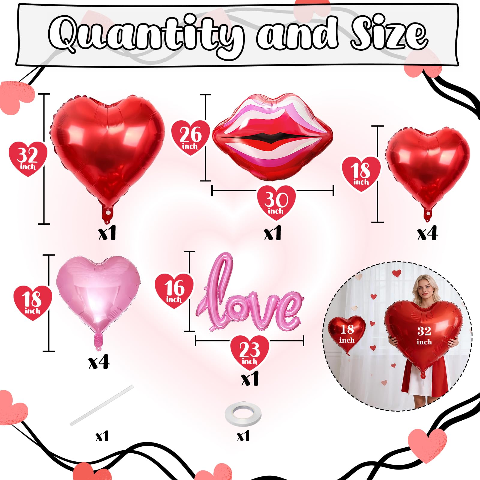 Togvu 32-Inch Red Heart Balloons + 11pc Pink-Red Lip Kiss Foil Set – Valentine Decor