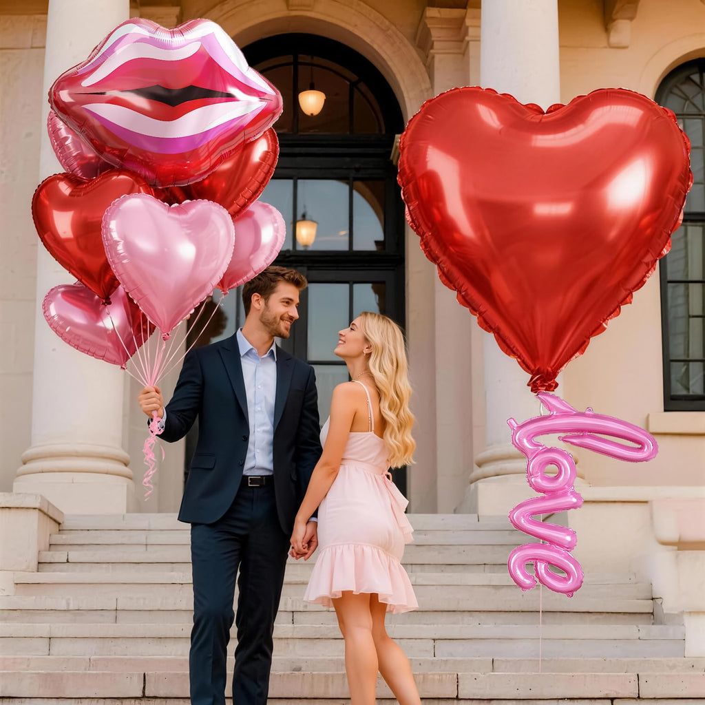 Togvu 32-Inch Red Heart Balloons + 11pc Pink-Red Lip Kiss Foil Set – Valentine Decor