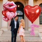 Togvu 32-Inch Red Heart Balloons + 11pc Pink-Red Lip Kiss Foil Set – Valentine Decor