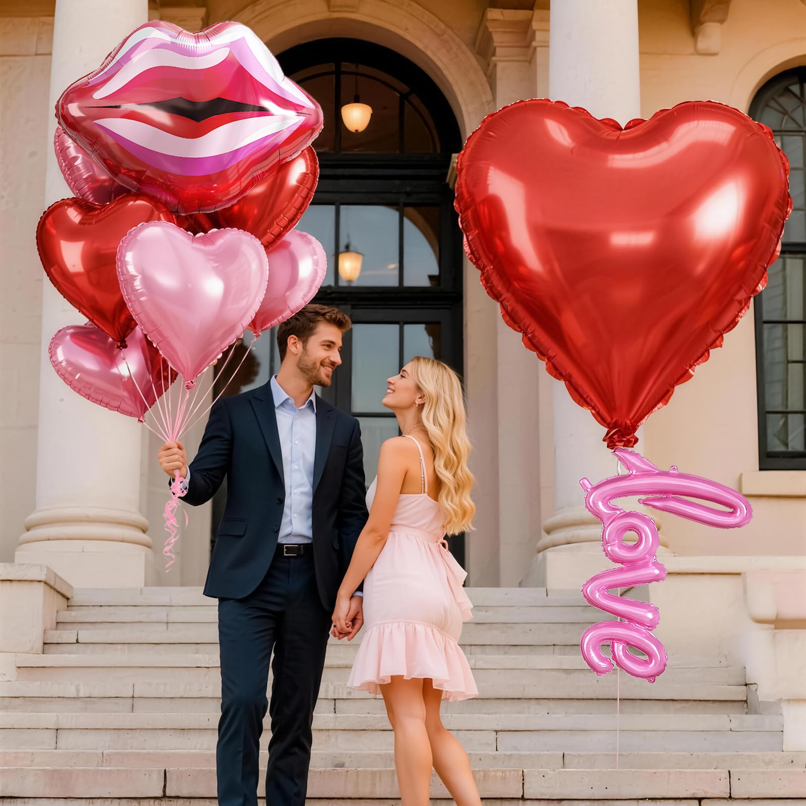 Togvu 32-Inch Red Heart Balloons + 11pc Pink-Red Lip Kiss Foil Set – Valentine Decor