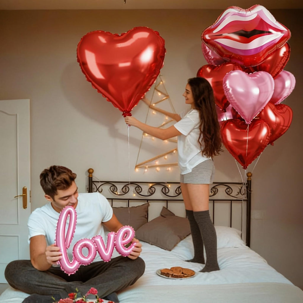 Togvu 32-Inch Red Heart Balloons + 11pc Pink-Red Lip Kiss Foil Set – Valentine Decor