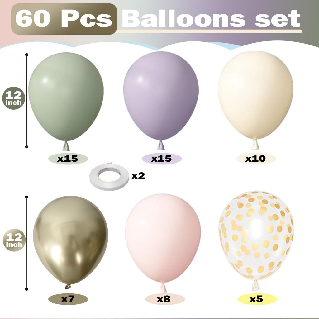 Togvu Dusty Green Purple Pink Balloons - 60 Pack, 12in Confetti Gold for Baby Showers & Weddings