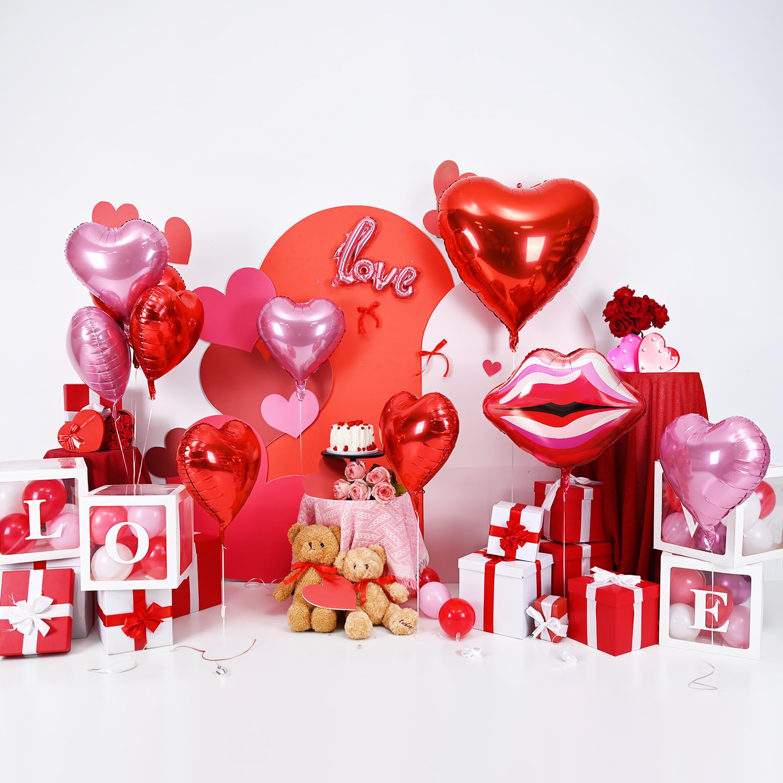 Togvu 32-Inch Red Heart Balloons + 11pc Pink-Red Lip Kiss Foil Set – Valentine Decor