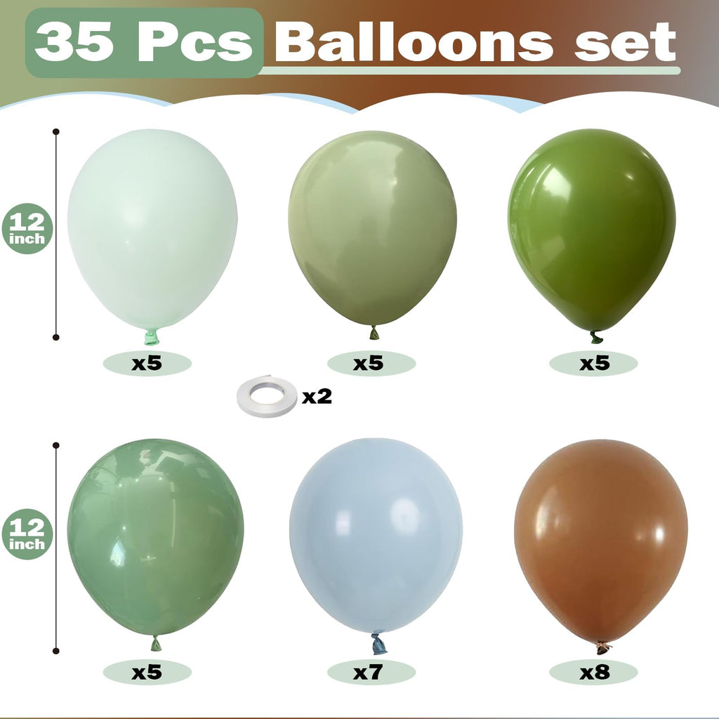 TOGVU Blue Green Brown Balloons 12in – Sage Green & Dusty Blue for Dinosaur Jungle Theme Birthdays & Baby Showers