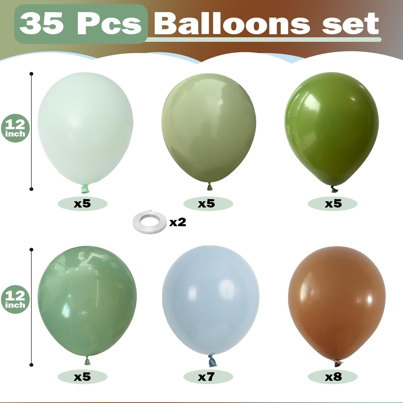 TOGVU Blue Green Brown Balloons 12in – Sage Green & Dusty Blue for Dinosaur Jungle Theme Birthdays & Baby Showers