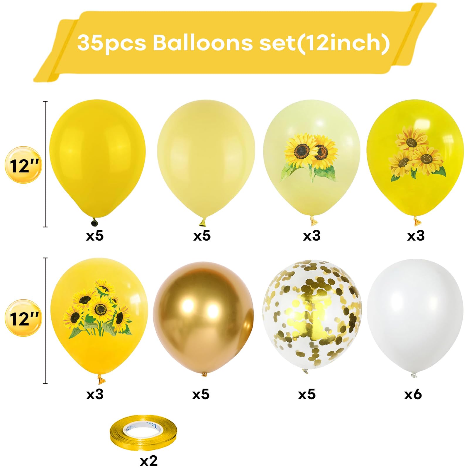 Togvu Sunflower Yellow Gold Balloons – 12in Bee Theme with Metallic Confetti