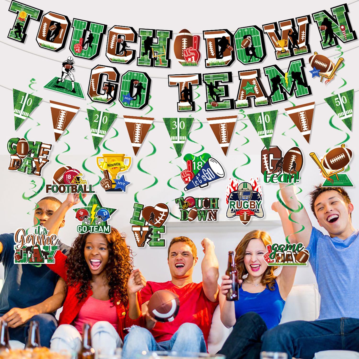 Tomario 53PCS Football Party Decorations Kit — Go Team Banner & Swirl Set