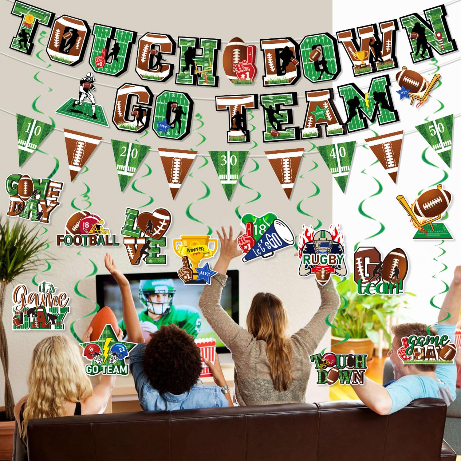 Tomario 53PCS Football Party Decorations Kit — Go Team Banner & Swirl Set