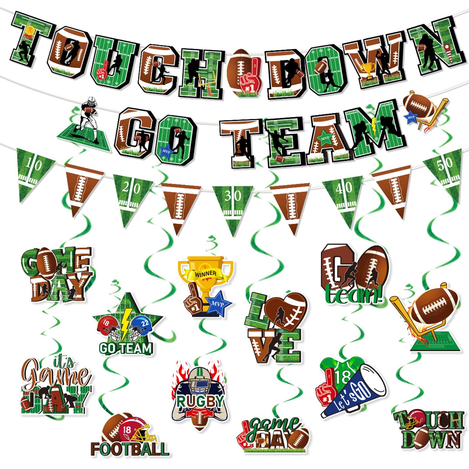 Tomario 53PCS Football Party Decorations Kit — Go Team Banner & Swirl Set