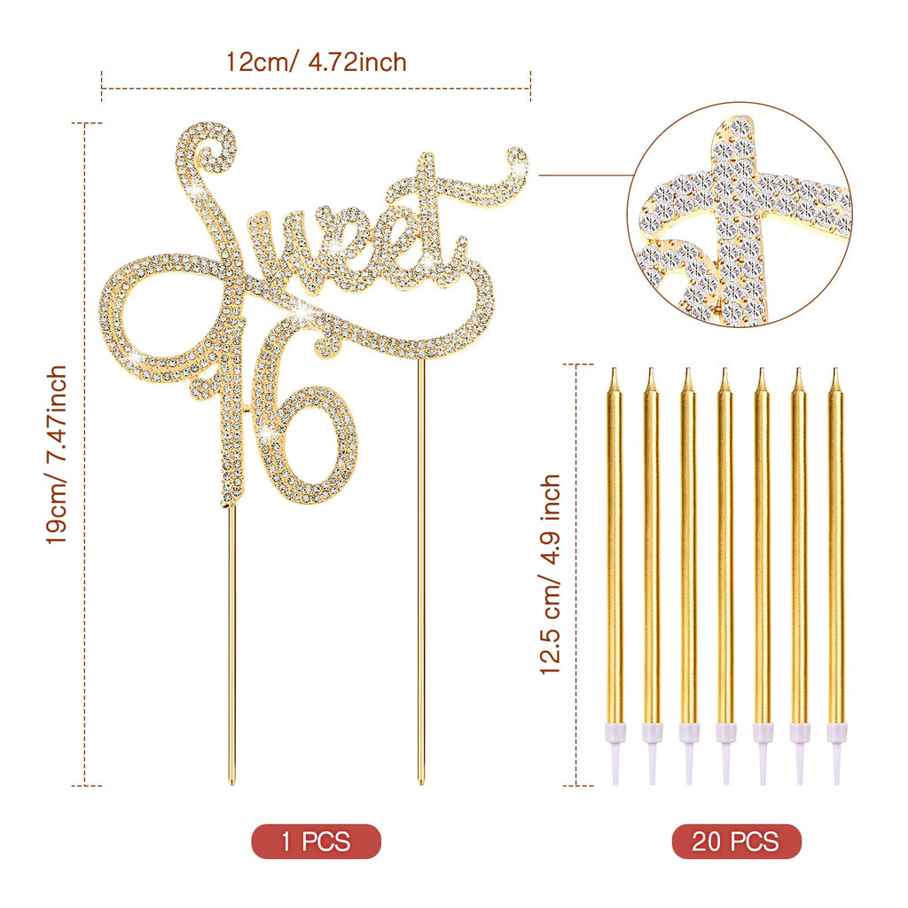 Tondiamo Sweet 16 Birthday Decorations – Rhinestone Cake Topper & 20 Gold & White Candles