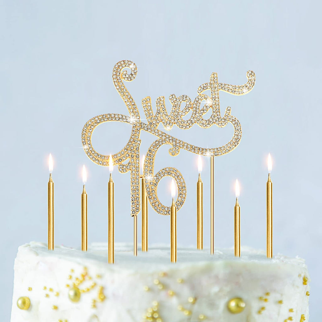 Tondiamo Sweet 16 Birthday Decorations – Rhinestone Cake Topper & 20 Gold & White Candles