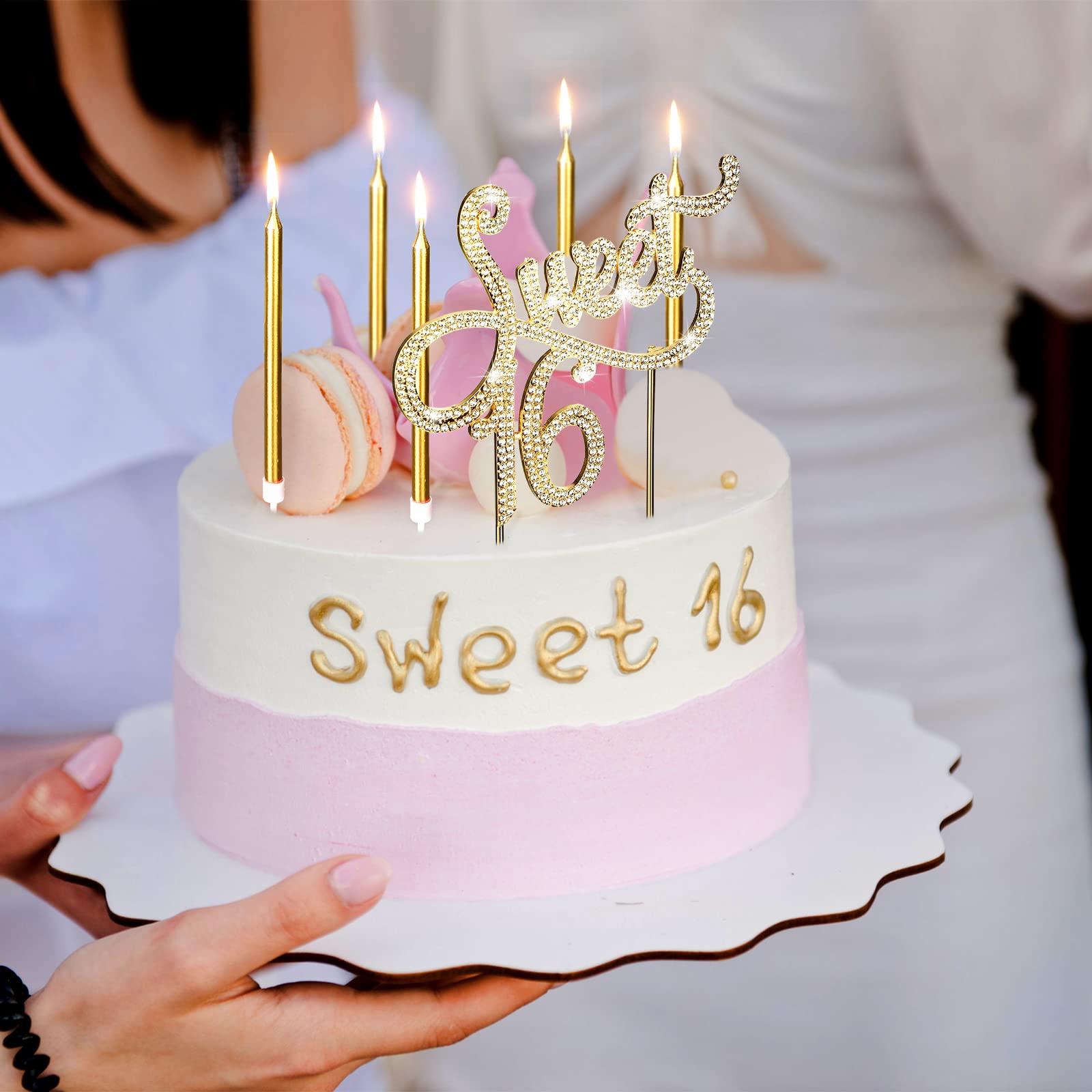Tondiamo Sweet 16 Birthday Decorations – Rhinestone Cake Topper & 20 Gold & White Candles