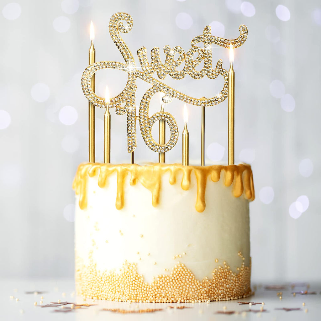 Tondiamo Sweet 16 Birthday Decorations – Rhinestone Cake Topper & 20 Gold & White Candles