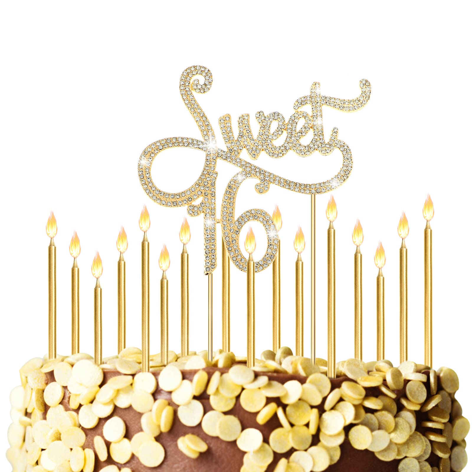 Tondiamo Sweet 16 Birthday Decorations – Rhinestone Cake Topper & 20 Gold & White Candles