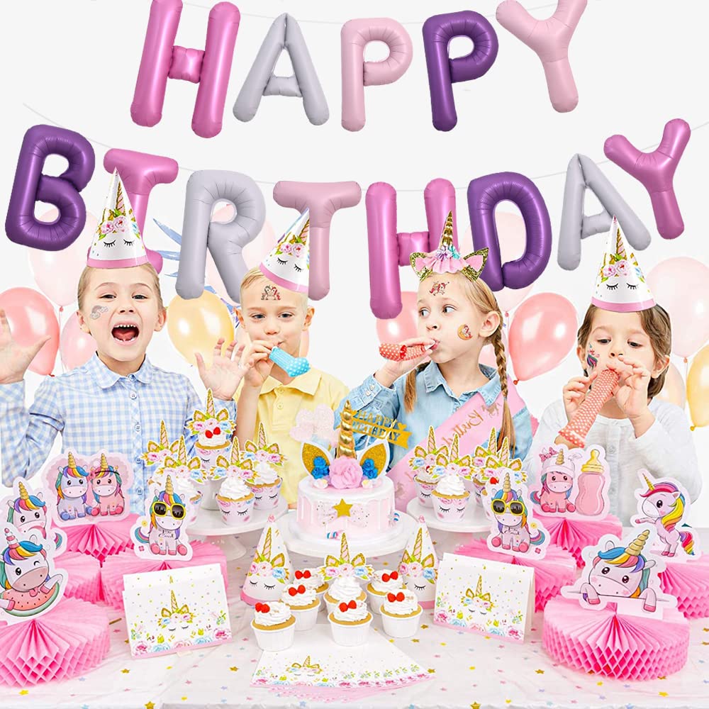 TONIFUL Happy Birthday Balloons Banner — 16-Inch Foil Letter Balloons with Straw & Ribbon (Pink Purple)