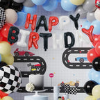 TONIFUL Happy Birthday Balloons Banner with Ribbon Straw – 16-Inch Foil Letter Bunting (Red, Black & White)