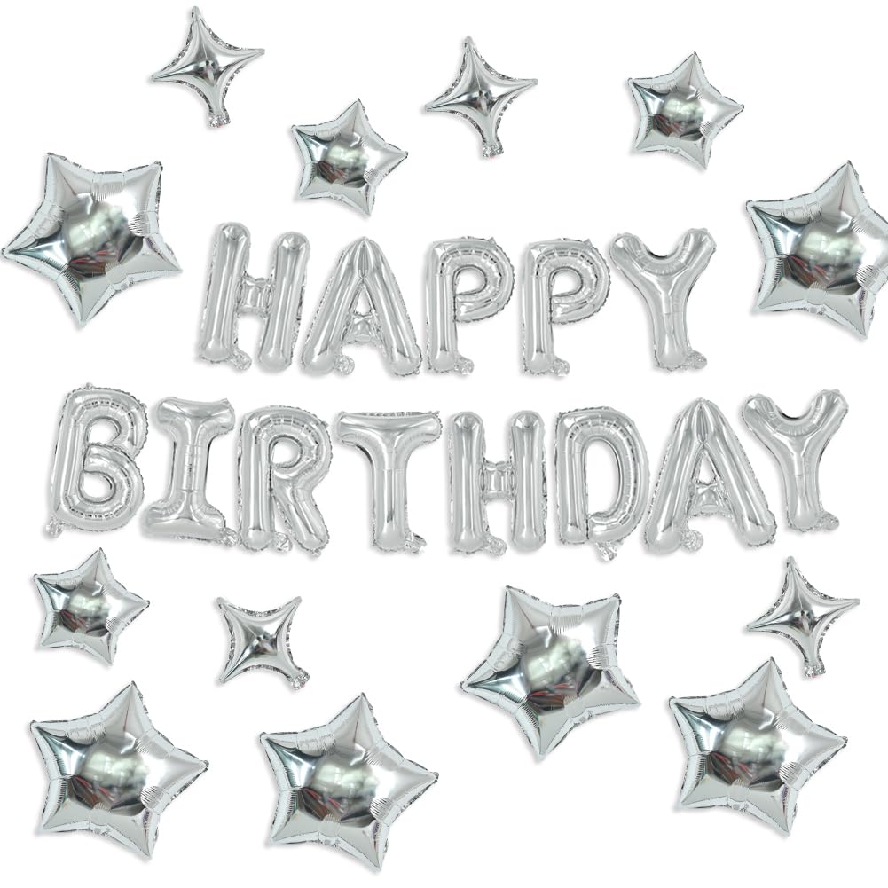 TONIFUL 35PCS Silver Happy Birthday Decorations — 16-Inch Banner + Star Balloons