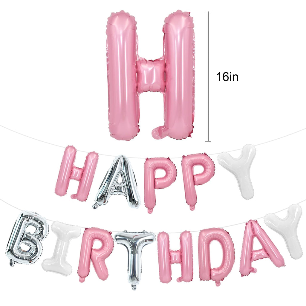TONIFUL Happy Birthday Balloons Banner - 16-Inch Mylar Foil Letters, Reusable Birthday Party Decor (Pink/Silver/White)