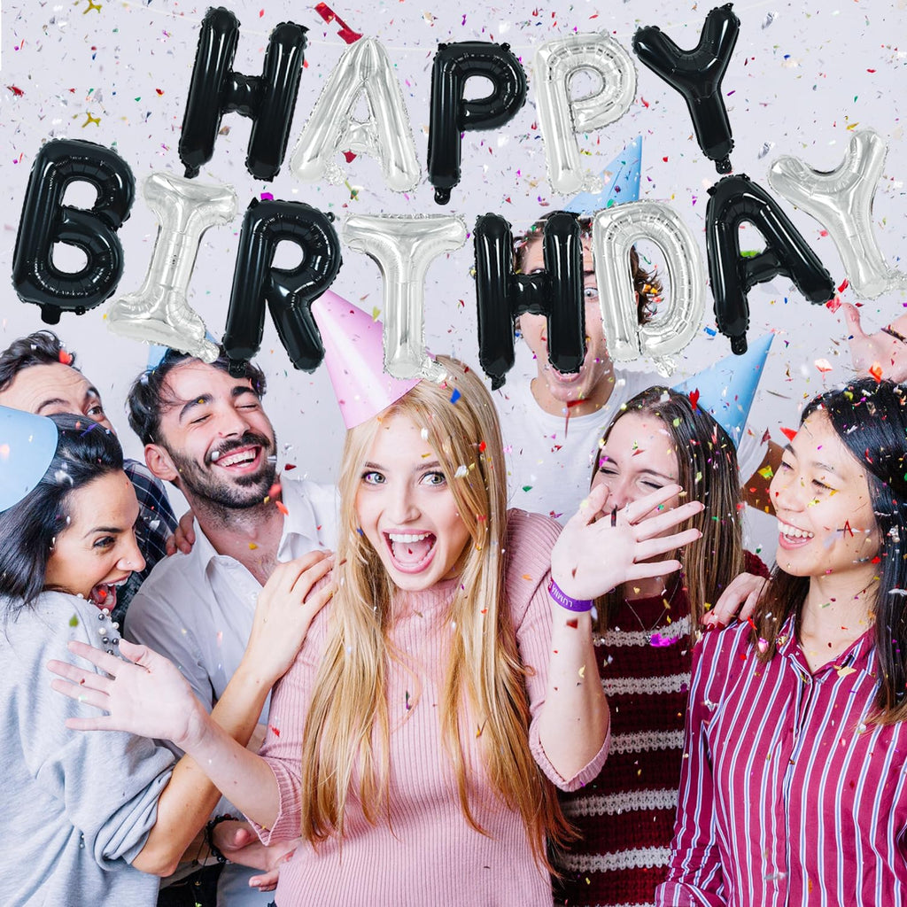 TONIFUL Happy Birthday Balloons Banner with Ribbon Straw – 16-Inch Mylar Letters, Reusable Black & Silver