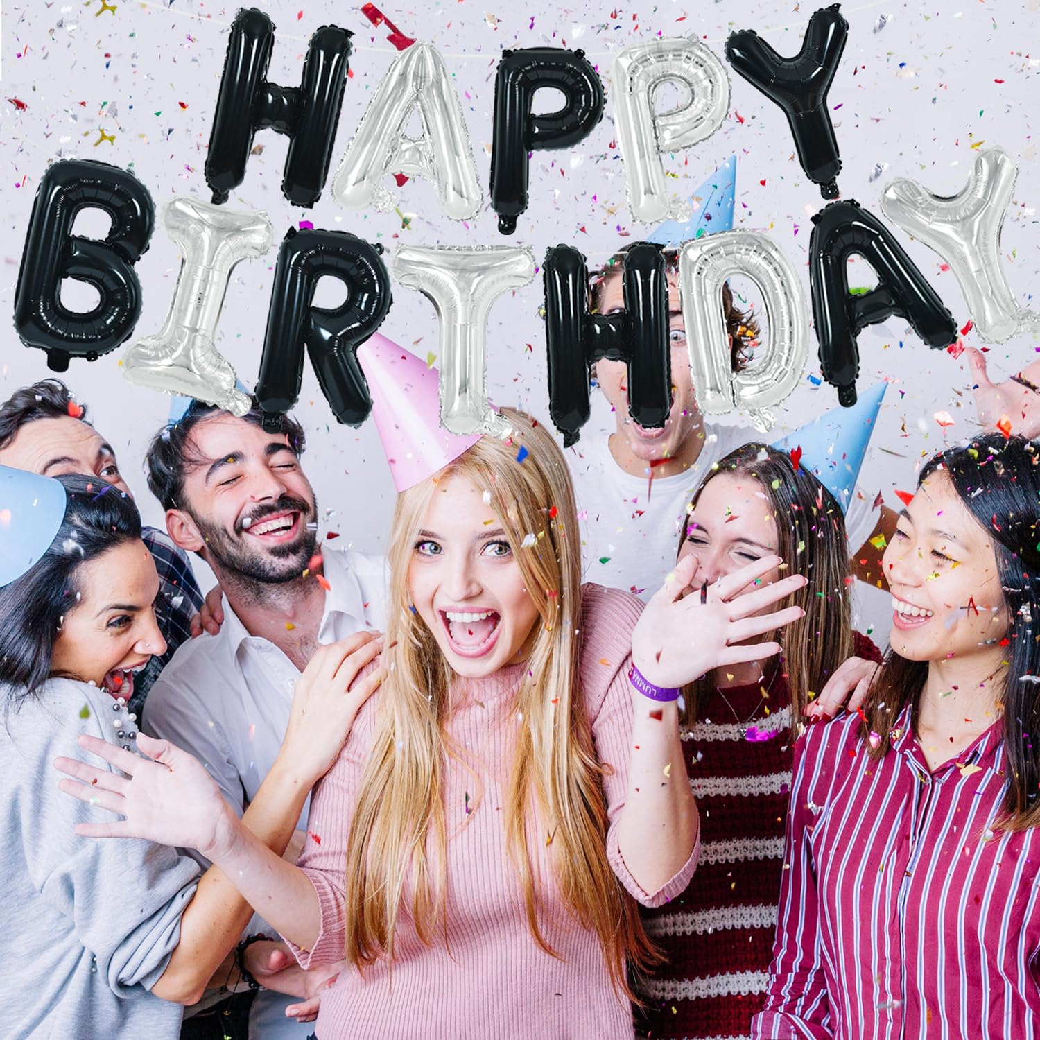 TONIFUL Happy Birthday Balloons Banner with Ribbon Straw – 16-Inch Mylar Letters, Reusable Black & Silver