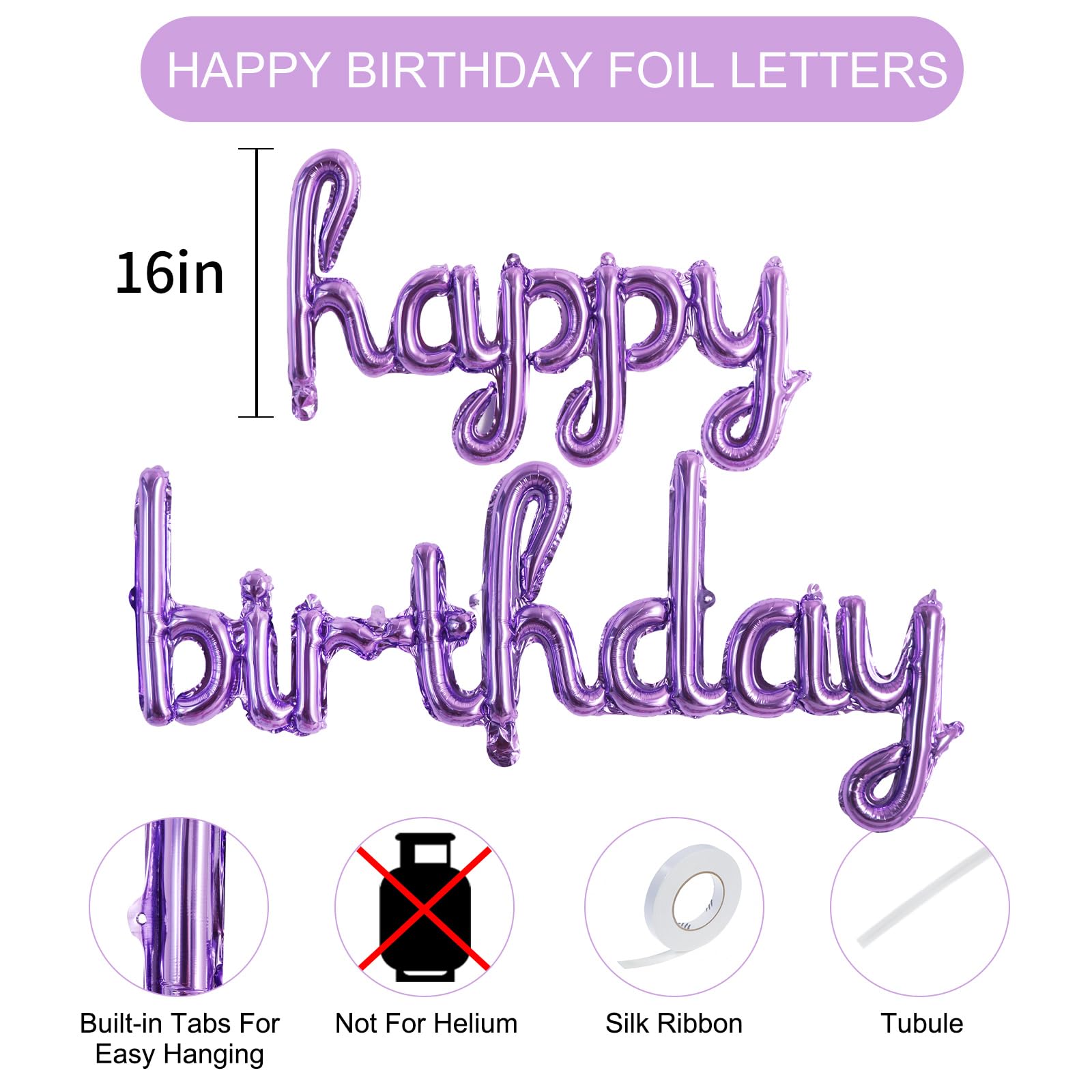 TONIFUL Purple Happy Birthday Balloons — 16-Inch Mylar Foil Script Banner, Reusable Party Decor