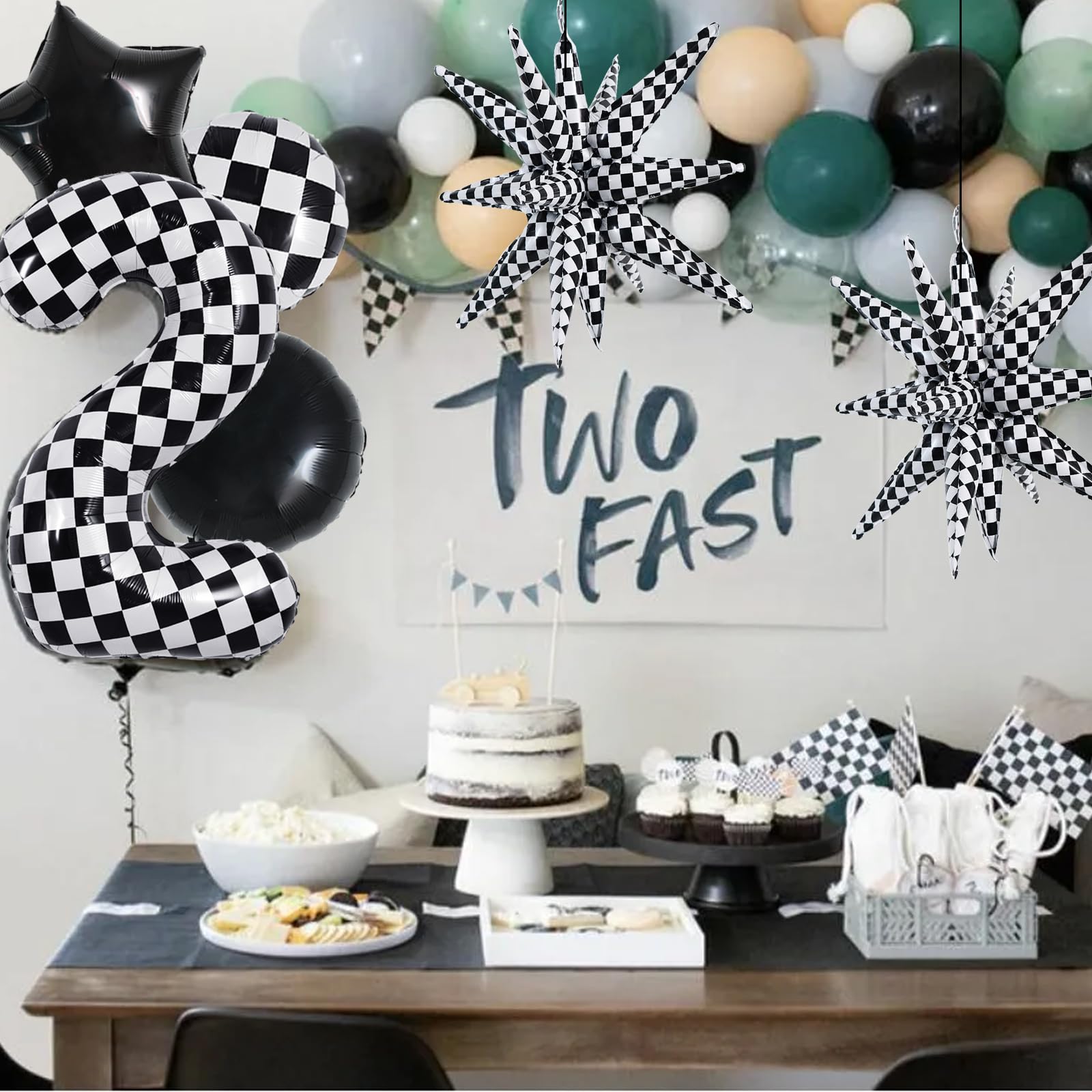 TONIFUL 40-Inch Checkered Number 2 Balloons Set – Race Car Theme Decor