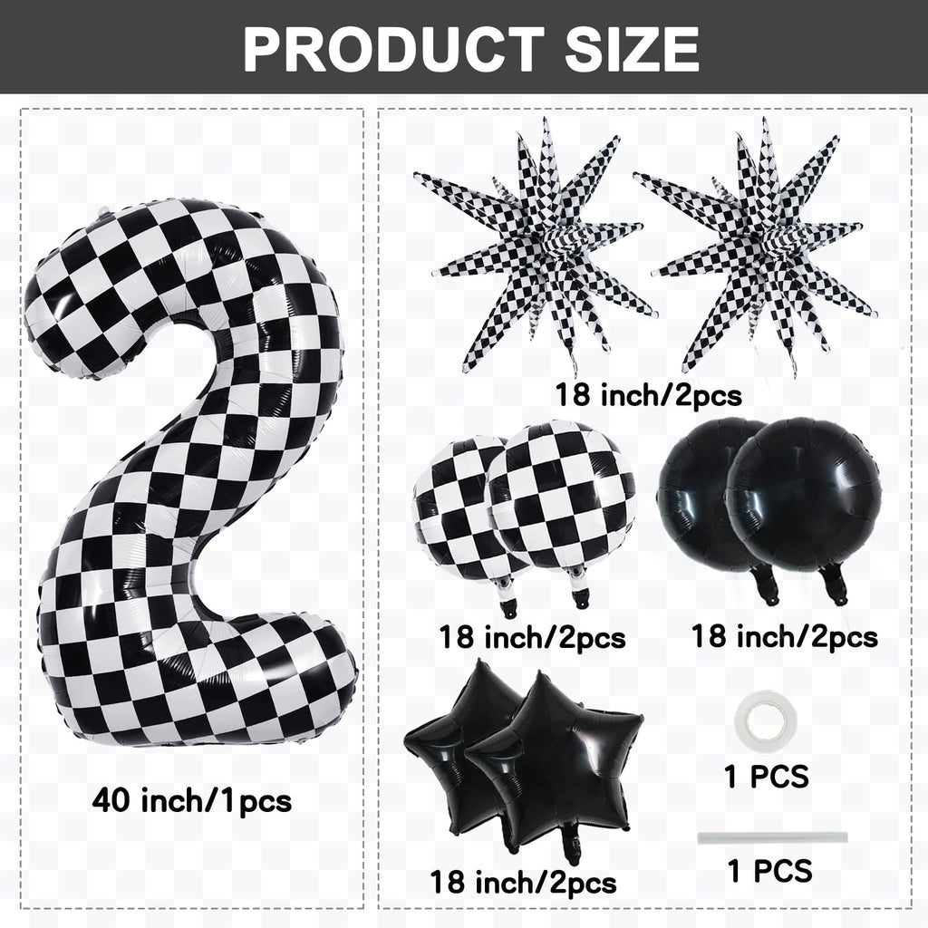 TONIFUL 40-Inch Checkered Number 2 Balloons Set – Race Car Theme Decor