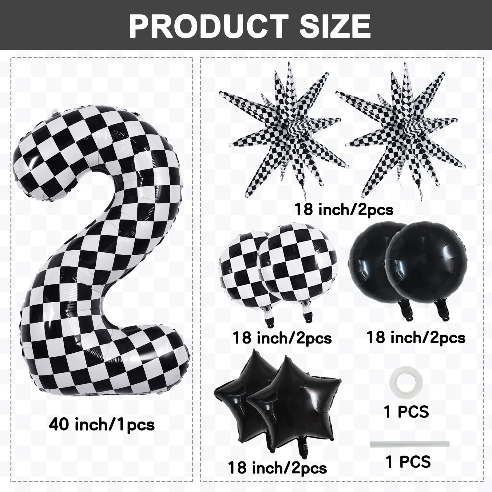 TONIFUL 40-Inch Checkered Number 2 Balloons Set – Race Car Theme Decor