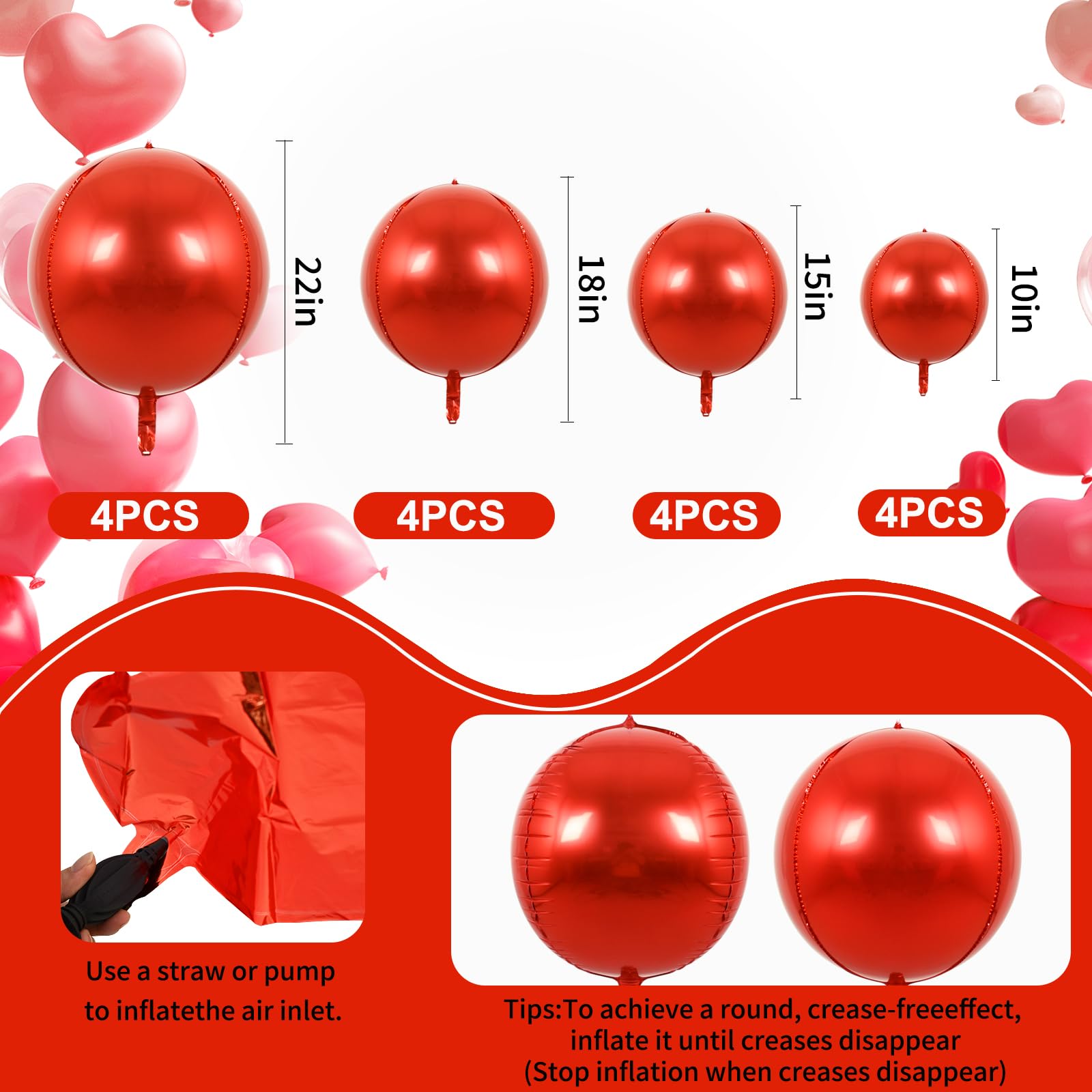 TONIFUL 16Pcs Red 4D Giant Round Foil Balloons – 22/18/15/10 inch Party Decorations Kit