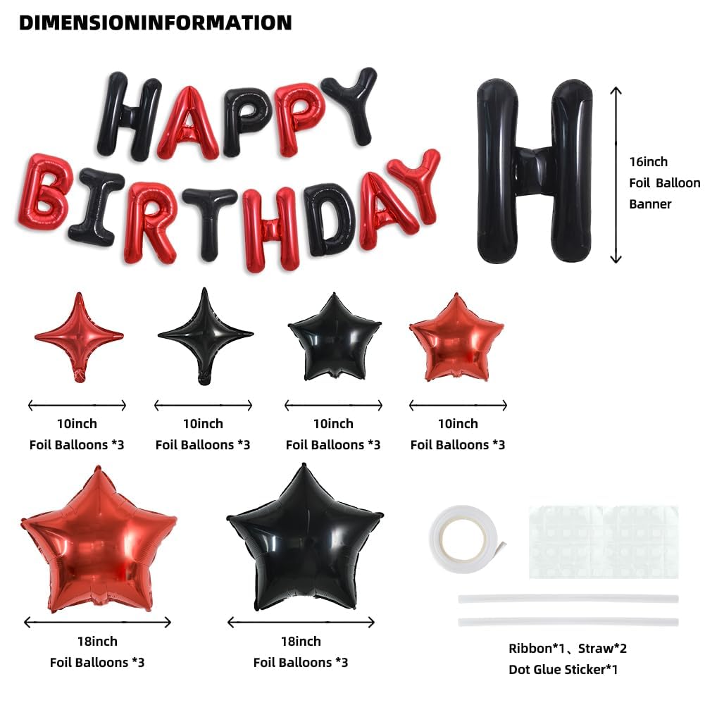 TONIFUL 35PCS 16-Inch Black & Red Happy Birthday Balloon Banner with Star Balloons