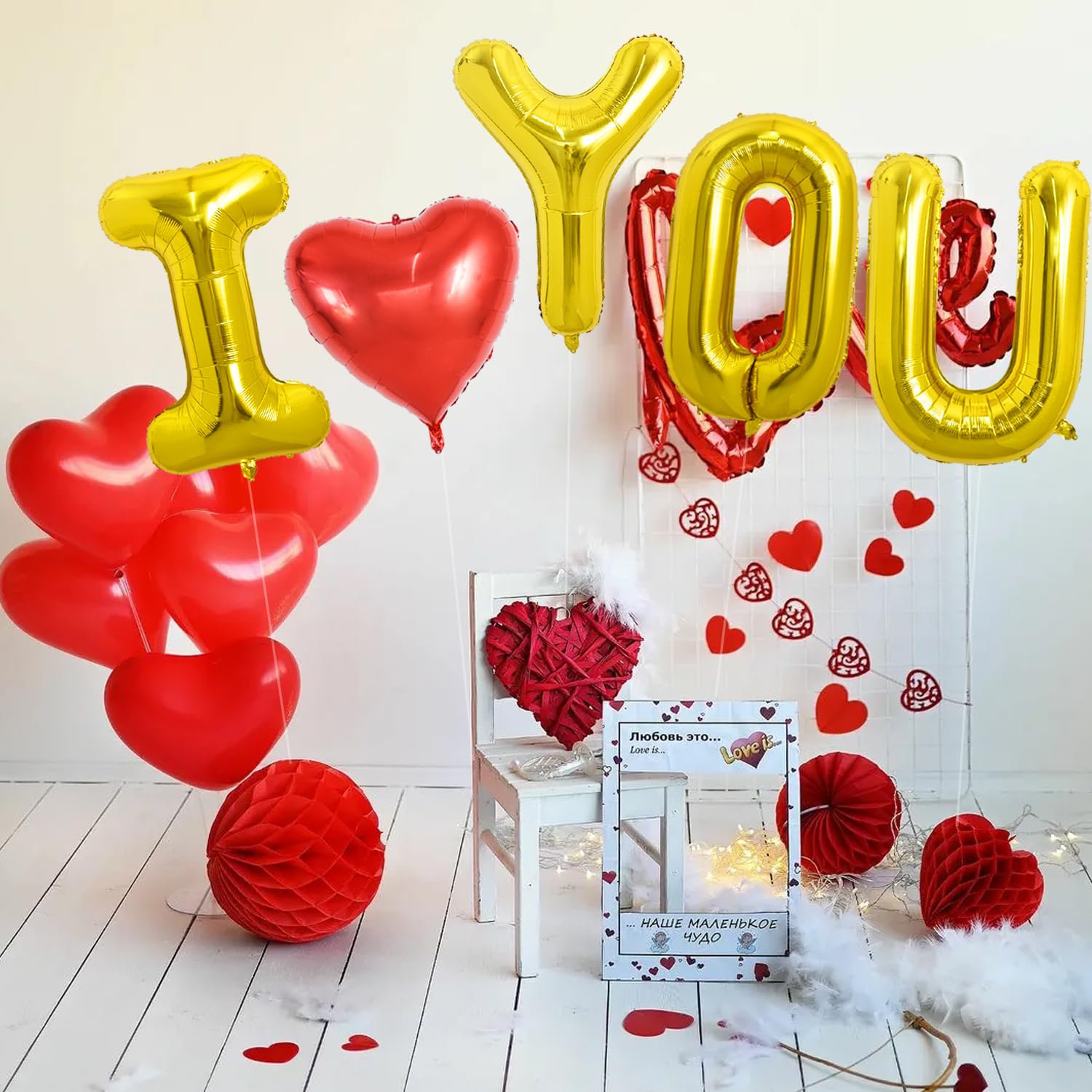 TONIFUL 40 Inch I Love You Balloons – Gold Foil Letter Heart Decor for Valentine’s Day