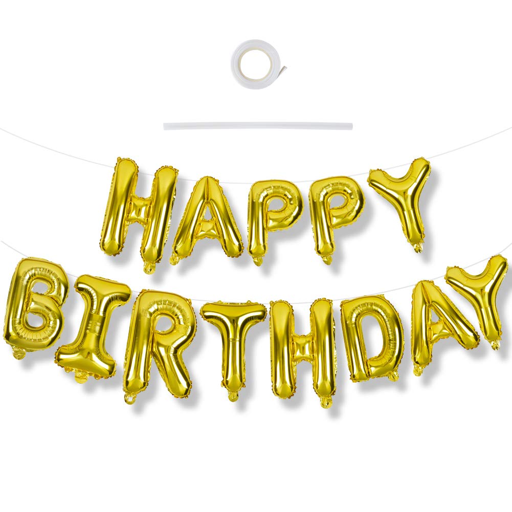 TONIFUL 3D Gold Happy Birthday Balloons Banner — 16" Foil Letter Banner with Ribbon & Straw