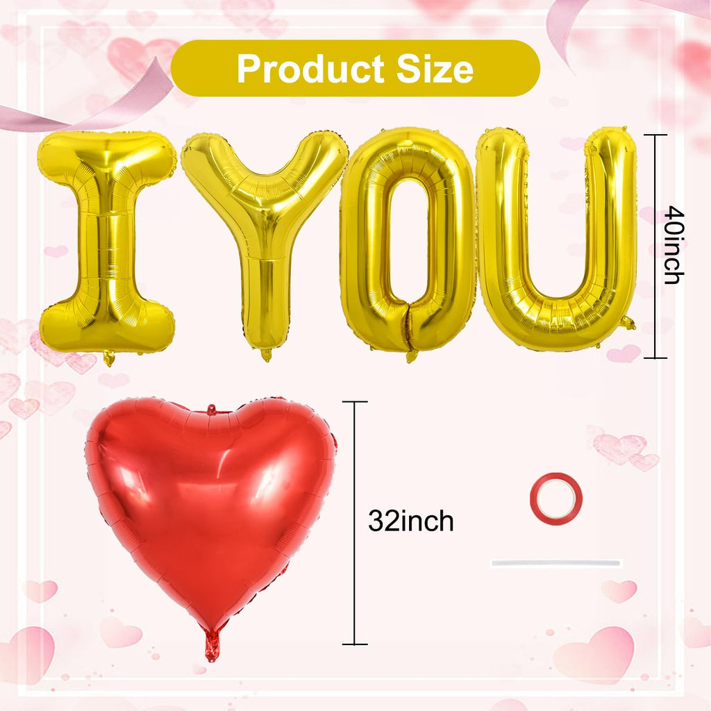 TONIFUL 40 Inch I Love You Balloons – Gold Foil Letter Heart Decor for Valentine’s Day