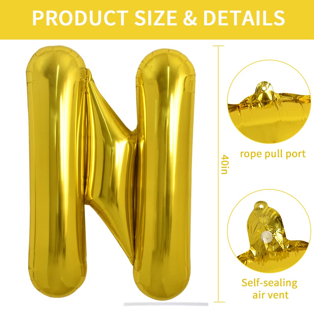 TONIFUL 40 Inch Gold Letter N Balloon – Large Foil Mylar Balloons for Parties