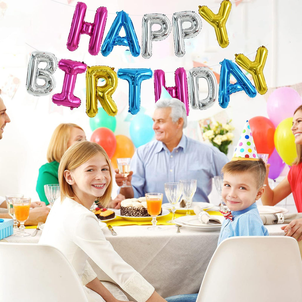 TONIFUL 16-Inch 4-Color Mylar Foil Happy Birthday Banner Letters – 15pc Party Decor