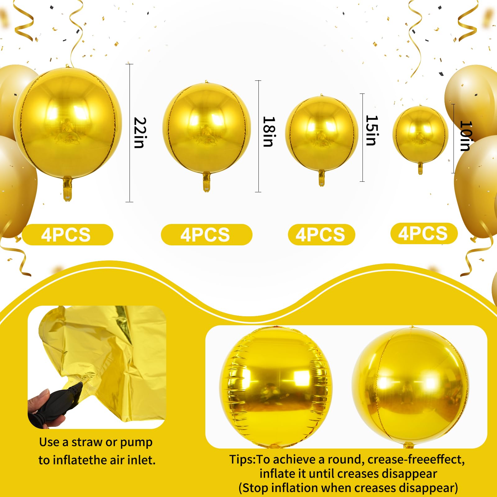 TONIFUL 16Pcs Gold 4D Giant Round Foil Balloons – 22/18/15/10in Mix Sizes