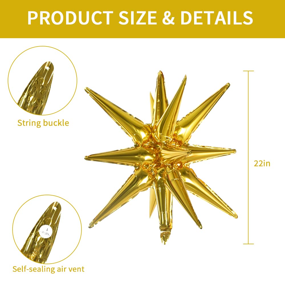 TONIFUL 4Pcs 22in 4D Gold Star Balloons – Explosion Star Mylar Foil Backdrop Decor for Parties