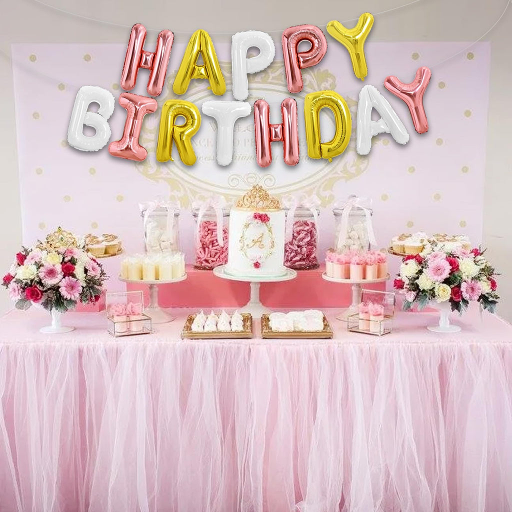 TONIFUL Happy Birthday Balloons Banner - 16-Inch Foil Letter Balloons in Rose Gold, Gold & White | Reusable Party Decorations
